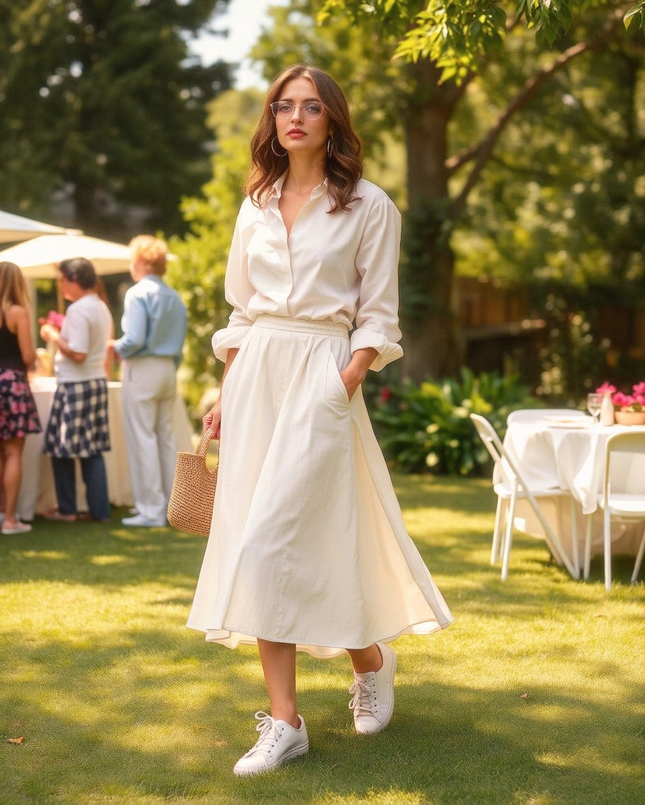 Witte linnen blouse met crème midi rok en sneakers — Summer Casual Chic