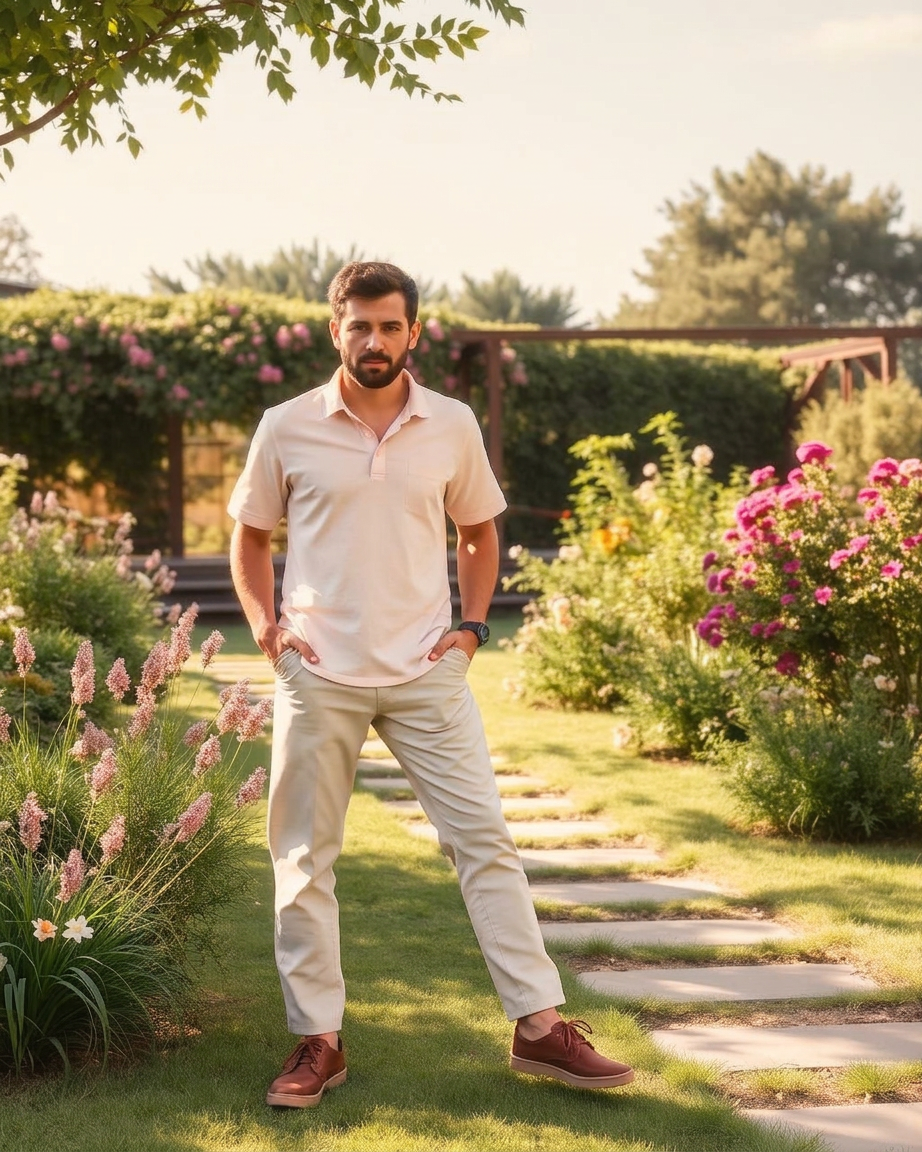 Beige chino met pastel polo en bruine sneakers — Summer Casual Chic