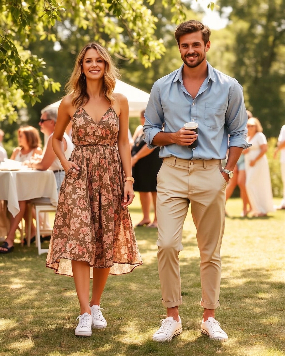Bloemenjurk met witte sneakers en linnen overhemd met chino — Summer Casual Chic