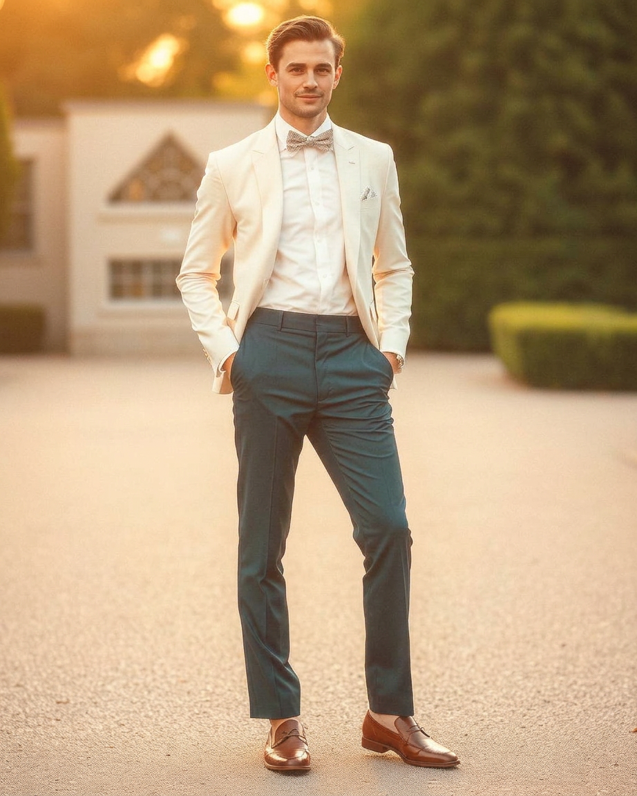 Crème colbert, witte blouse, donkere broek en strik — Summer Chic